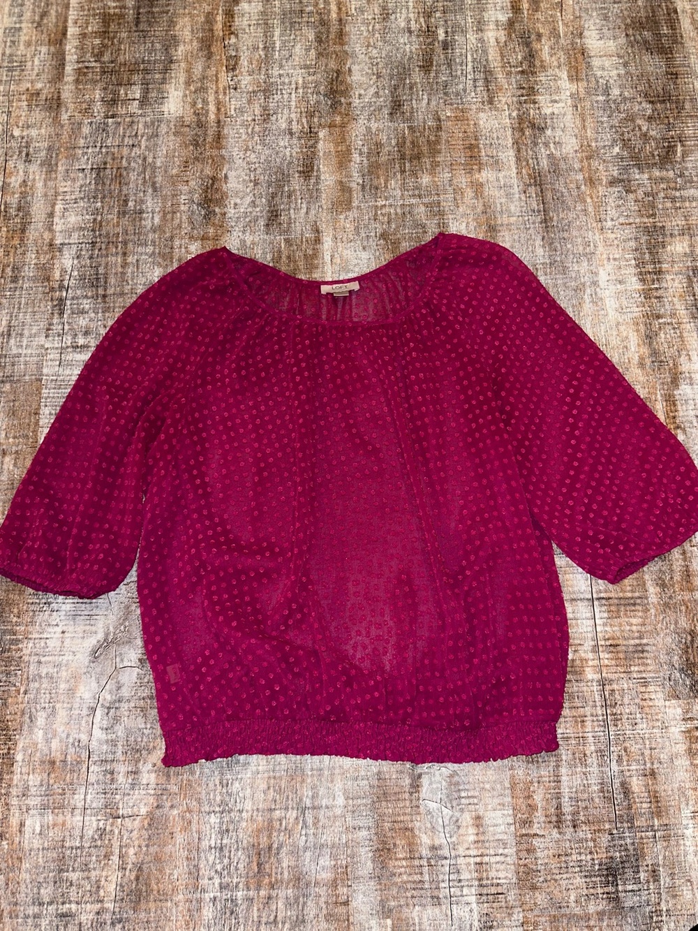 LOFT Sheer Polka Dot-Texture Peasant Top in Deep Pink